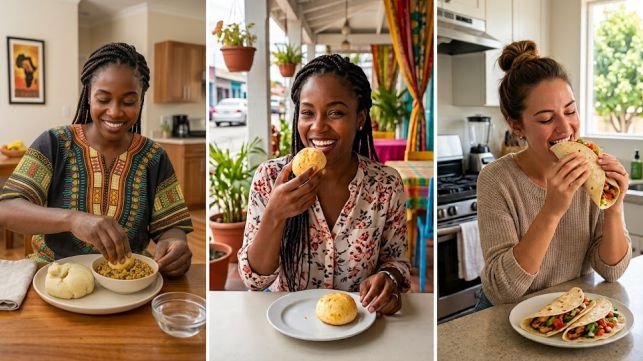 Three women from Africa, Latin America and USA savoring different forms of cassava depicting the nutritional information