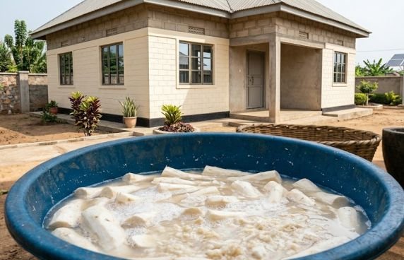 Cassava roots soaking in water during the fermentation method