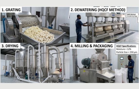 Hydraulic press dewatering cassava mash in the HQCF production method