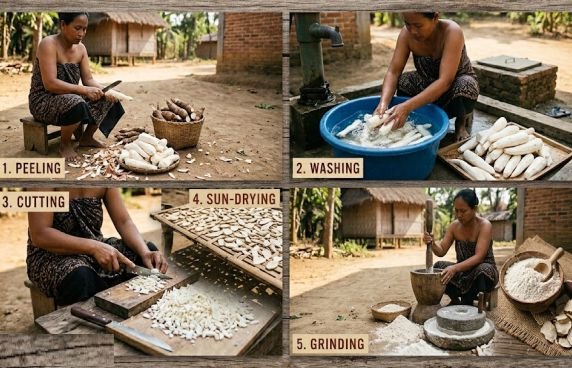Cassava roots drying on mats in the traditional sun-drying method