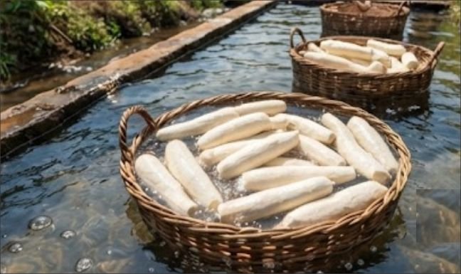 Peeled cassava being soaked to remove cyanide