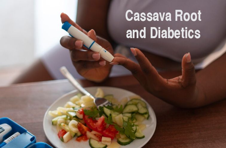 A lady with a bowl of cassava checking her blood sugar- Cassava root for diabetics