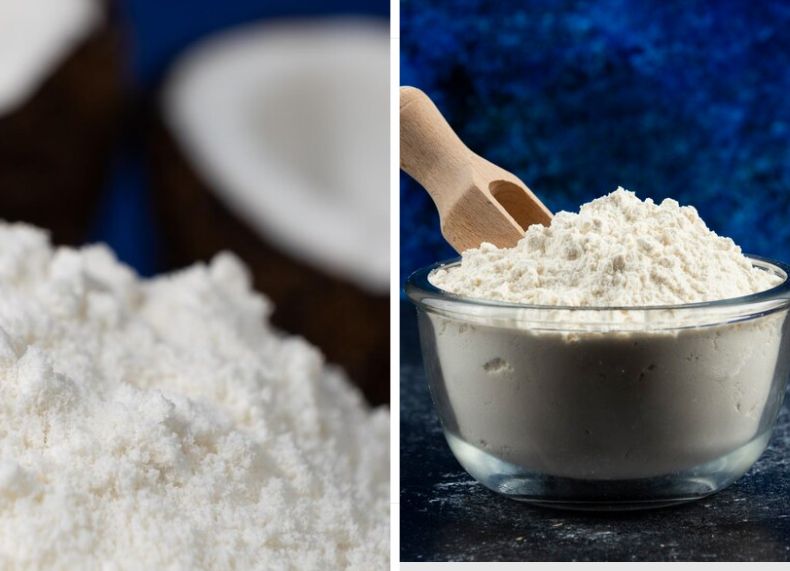 Two types of flour side by side - cassava flour vs coconut flour