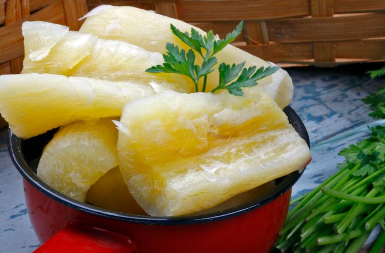 A bowl of well=cooked cassava roots