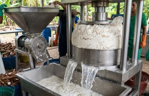 Mash of milled cassava root being dewatered