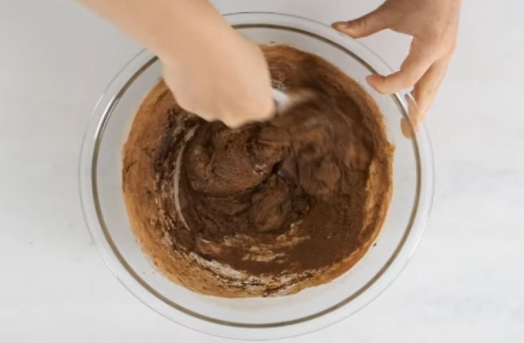 A thorough mixture of dry and wet ingredients for cassava flour brownies