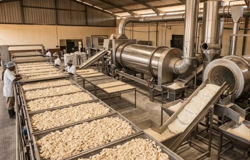 Dewatered cassava mash being dried for making HQCF