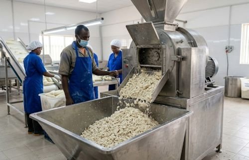 Grating of cassava roots in preparation for making cassava flour through the fermentation method