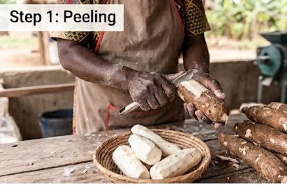 A woman peeling cassava roots for making cassava flour the traditional way