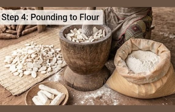 A woman pounding dried cassava roots for making cassava flour the traditional way