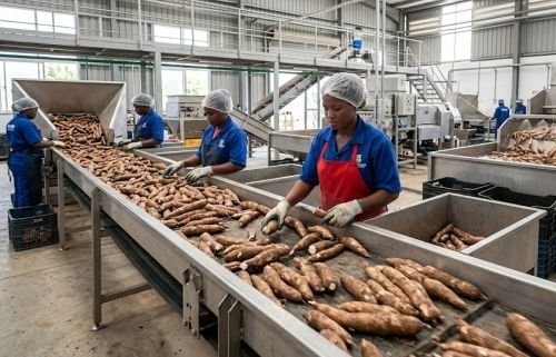 People sorting of cassava root for making high quality cassava flour HQCF