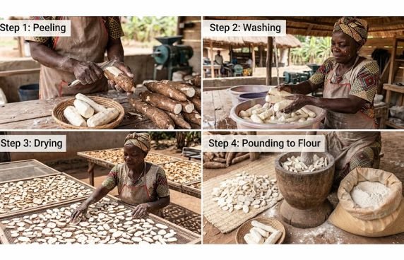 The stages of the traditional method of making cassava flour