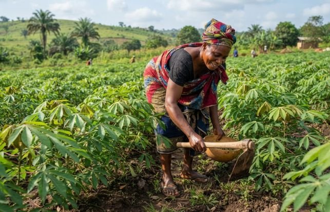 A woman weeding her cassava farm