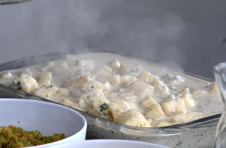 Pouring the mixture into a baking dish