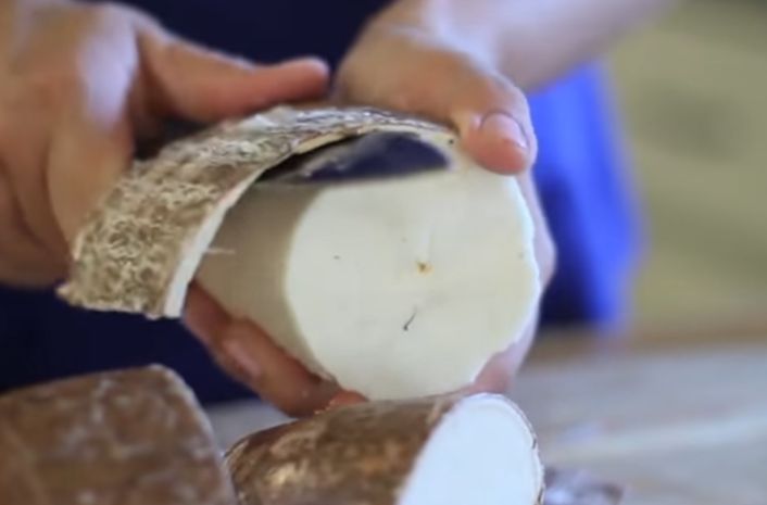A lady who knows how to peel cassava root the right way