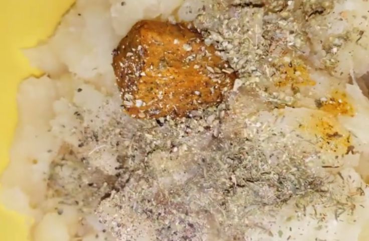 Mashed and seasoned cassava for Trinidad cassava pie