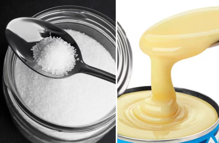Sugar and condensed milk for Vietnamese cassava pie preparation