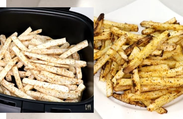 Chopped cassava roots set into the air fryer for Air Fryer Yuca Fries
