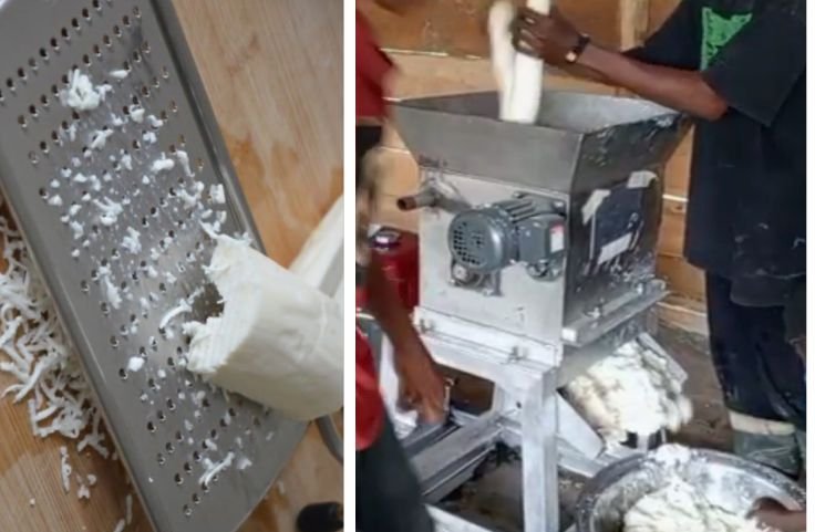 A handheld cassava grater and a motorized drum grater machine