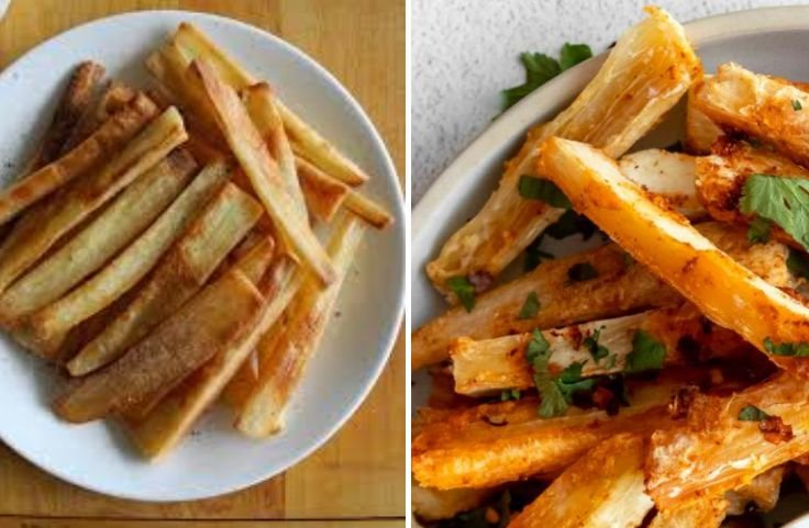 Baked yuca fries and fried yuca fries side by side 