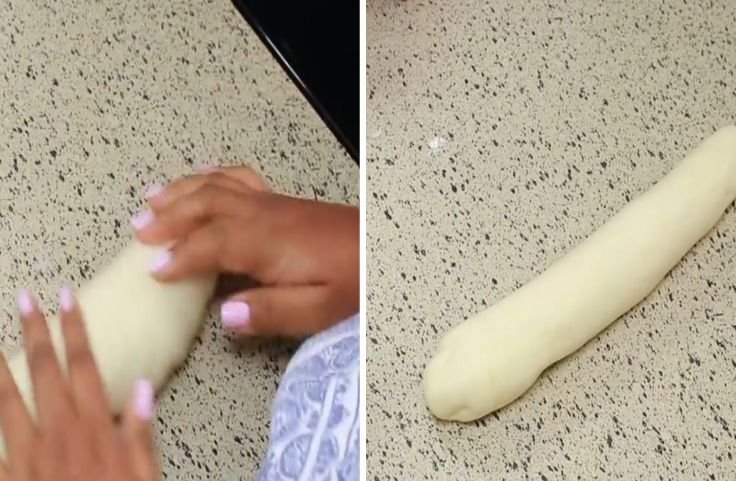 Kneading the mashed cassava roots and forming into pliable dough