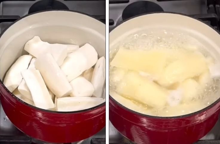 A bow of cut yuca and boiled yuca ready for frying