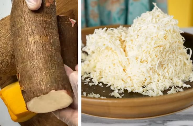 Peeling and grating the cassava root for cassava pone
