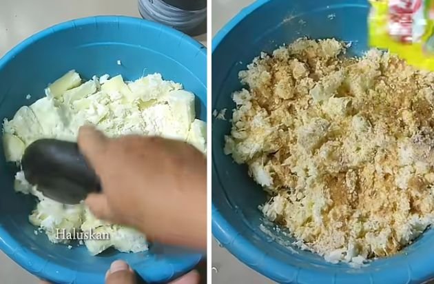 Mashing and seasoning the cooked cassava roots