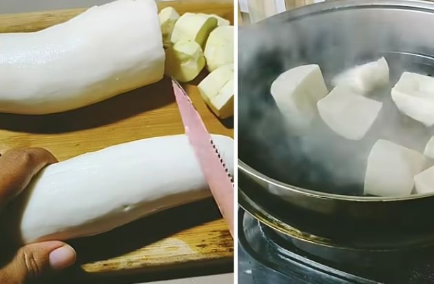 Peeling and preparing the cassava roots for nuggets
