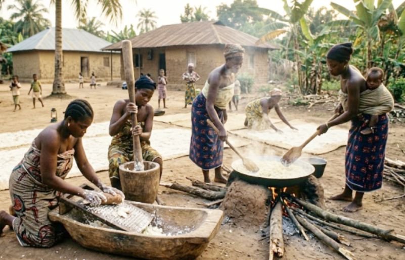 A rural community in the past producing tapioca from cassava
