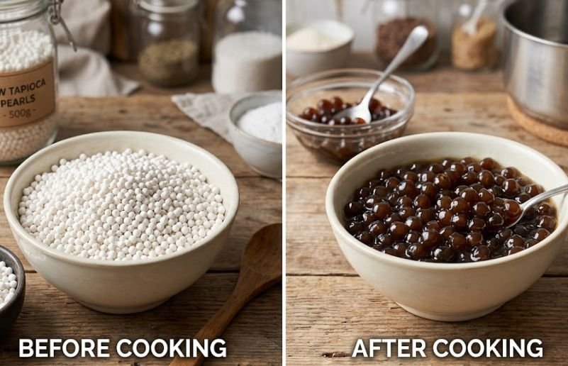 Before and after cooking of tapioca pearls