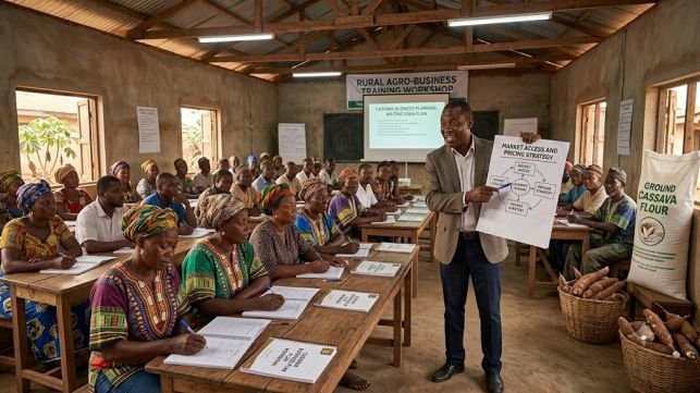 Cassava farmers being taught business development, depicting Cassava Business Development