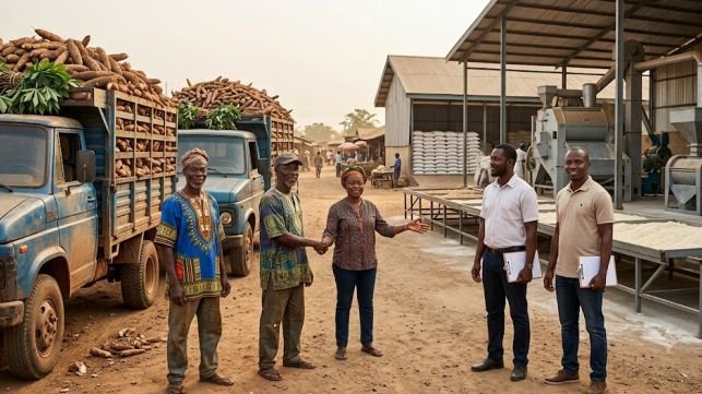 Cassava farmers being introduced to cassava processors for flour and starch, depicting cassava market access