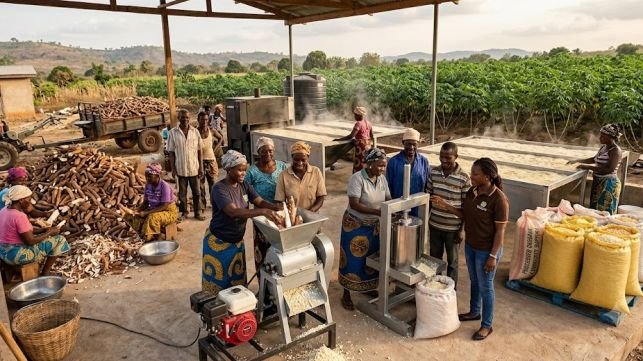 Cassava farmers going through Cassava Processing Technology and Support
