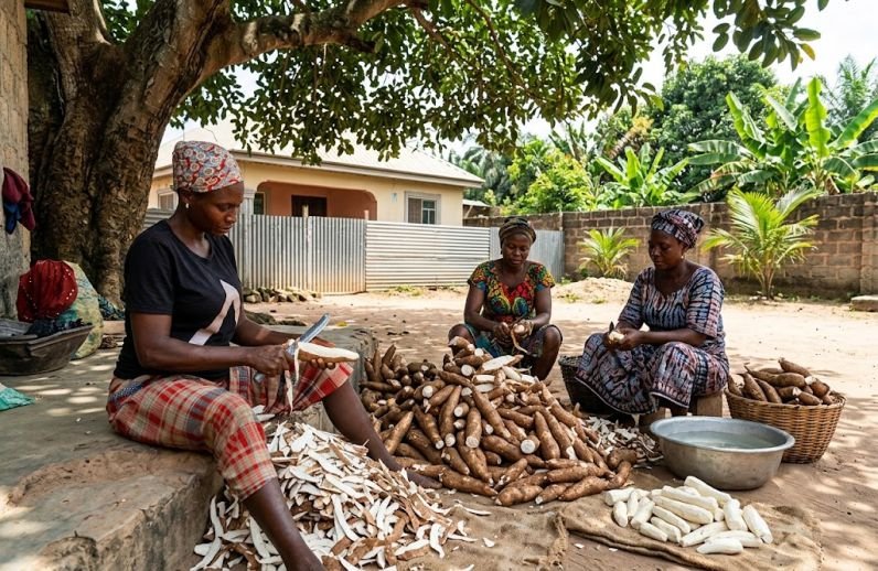 My village neighbours helping out with fresh cassava processing 