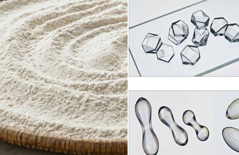 Cassava flour and microscopic representation of oxalates