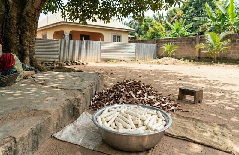 A basin of peeled and washed cassava tubers ready for grating/milling