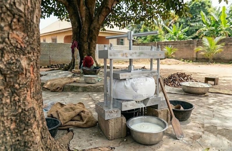Cassava mash under press to remove water