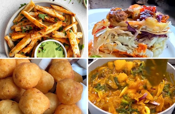 A close-up of a different freshly baked, fried, boiled, cassava-based foods, showcasing the many traditional cassava recipes made from cassava root